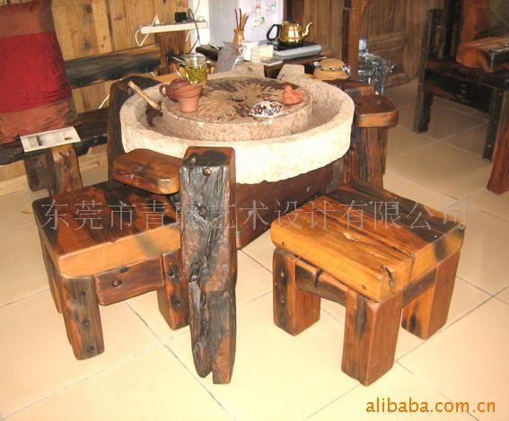 供应广东上品堂船木家具-船木石磨茶几